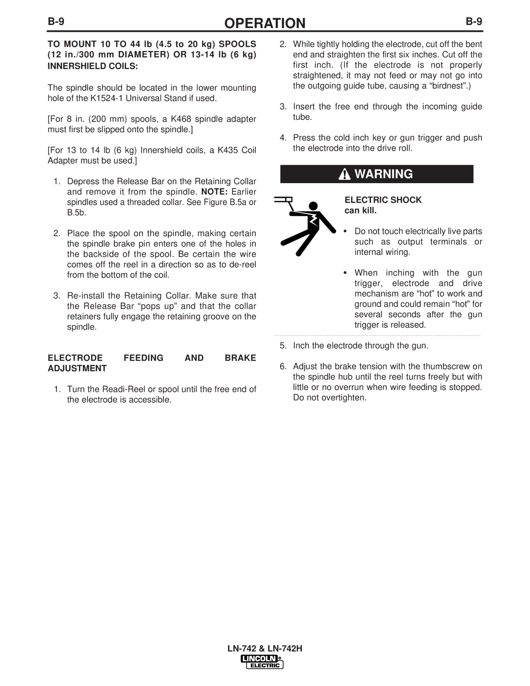 Lincoln LN-742H manual Innershield Coils, Electrode Feeding and Brake Adjustment 