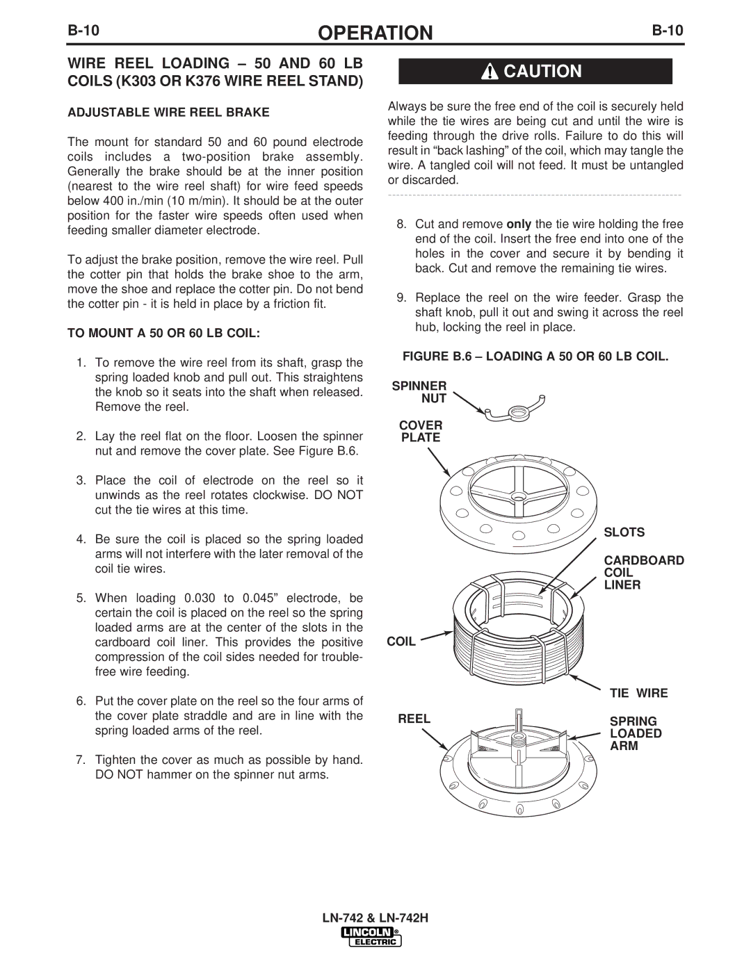 Lincoln LN-742H manual Adjustable Wire Reel Brake, To Mount a 50 or 60 LB Coil 