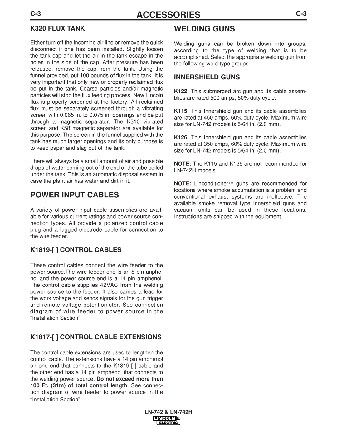 Lincoln LN-742H manual Power Input Cables, Welding Guns 