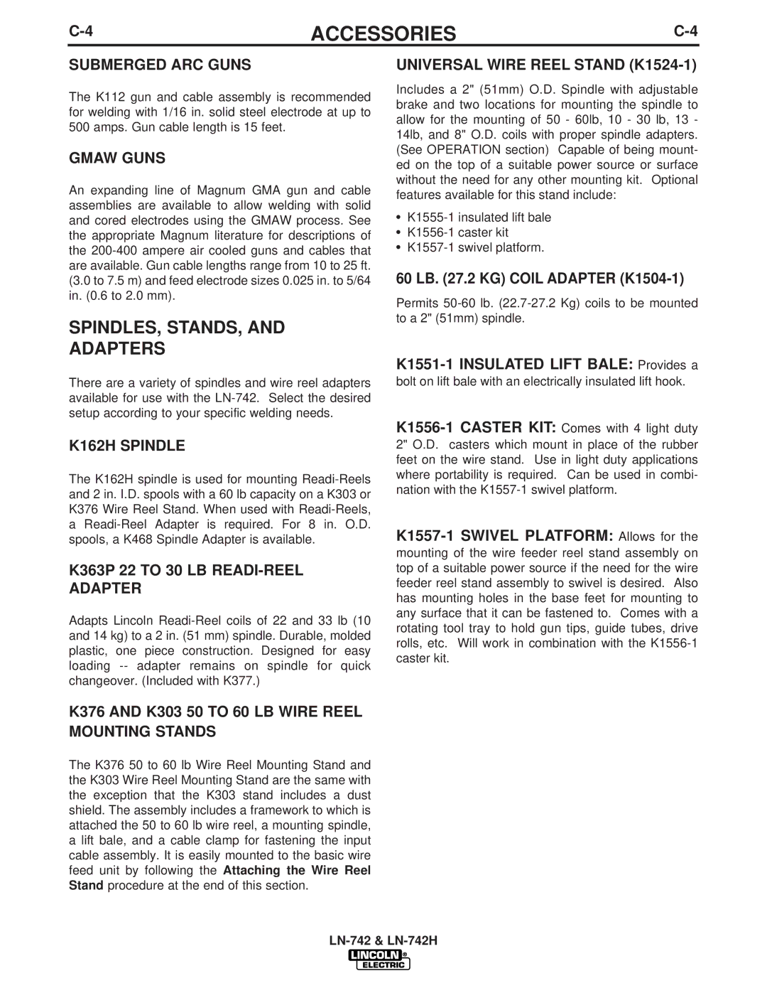 Lincoln LN-742H manual SPINDLES, STANDS, Adapters 