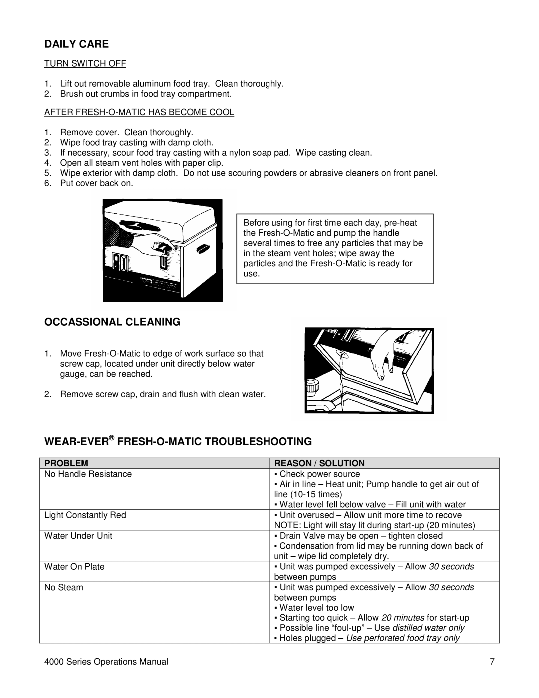 Lincoln MODEL 4000 SERIES manual Daily Care, Occassional Cleaning, WEAR-EVERFRESH-O-MATIC Troubleshooting, Turn Switch OFF 