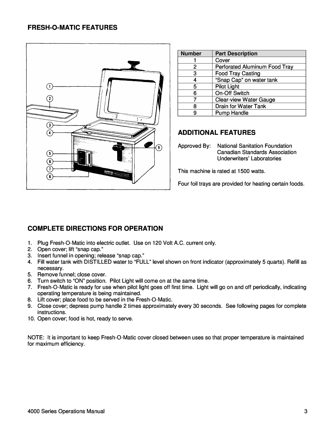 Lincoln MODEL 4000 SERIES manual Fresh-O-Maticfeatures, Additional Features, Complete Directions For Operation, Number 