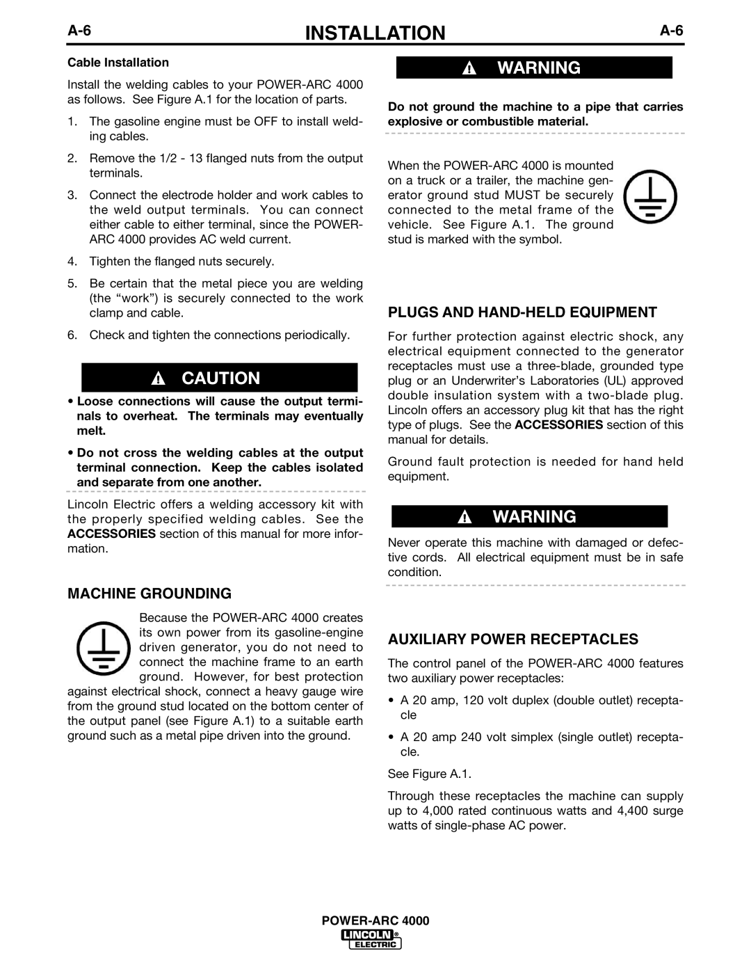 Lincoln POWER-ARC 4000 Machine Grounding, Plugs and HAND-HELD Equipment, Auxiliary Power Receptacles, Cable Installation 