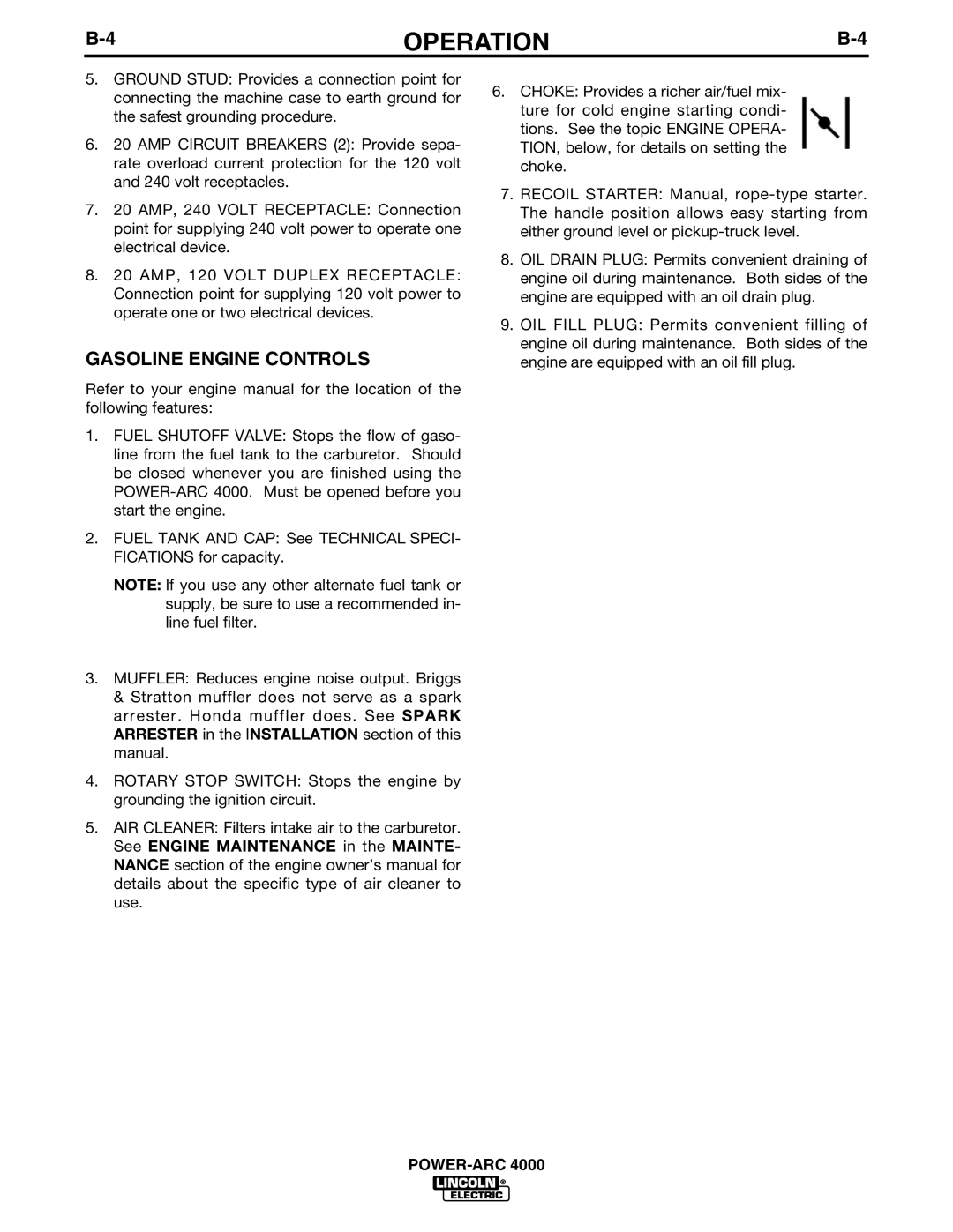 Lincoln POWER-ARC 4000 manual Gasoline Engine Controls 