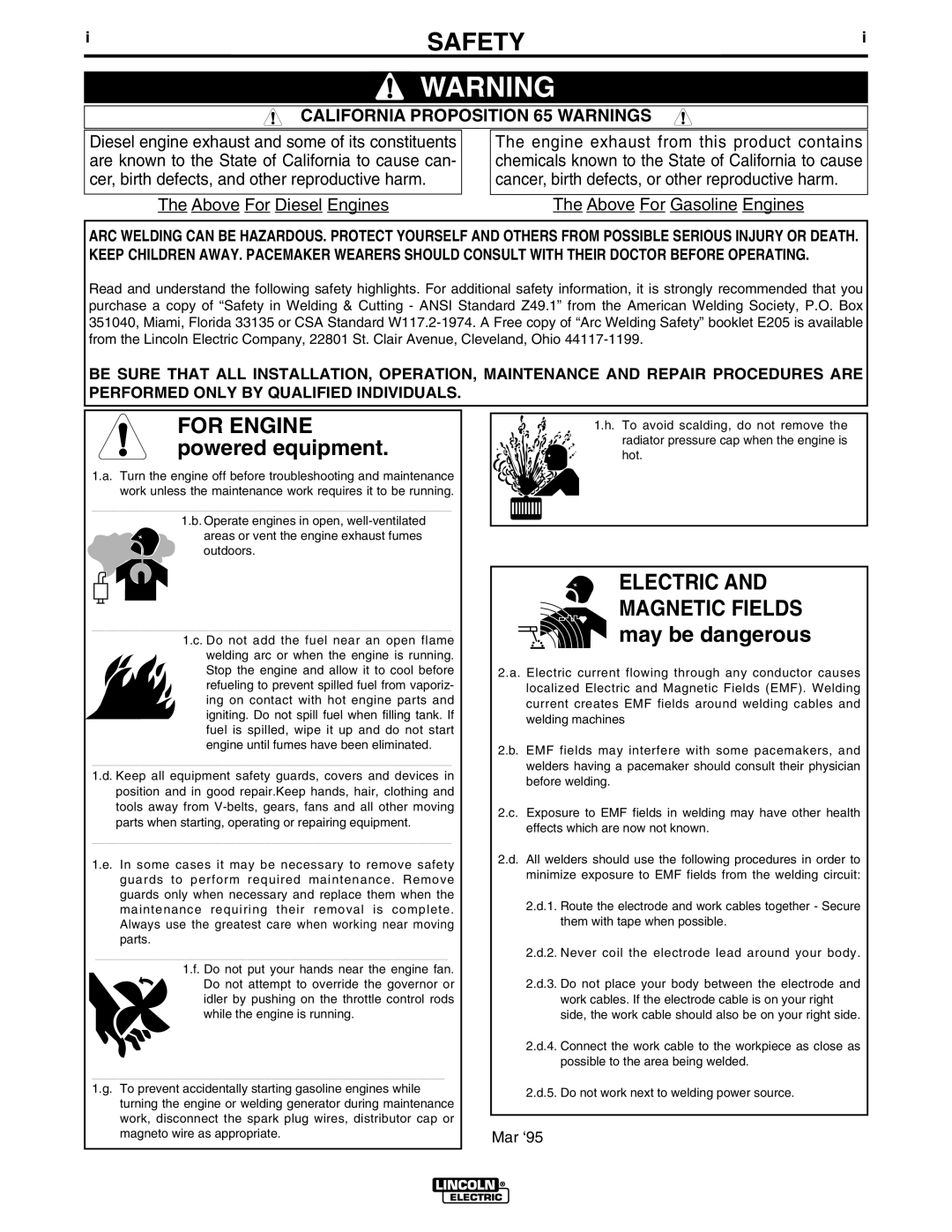 Lincoln POWER-ARC 4000 manual Safety, California Proposition 65 Warnings 