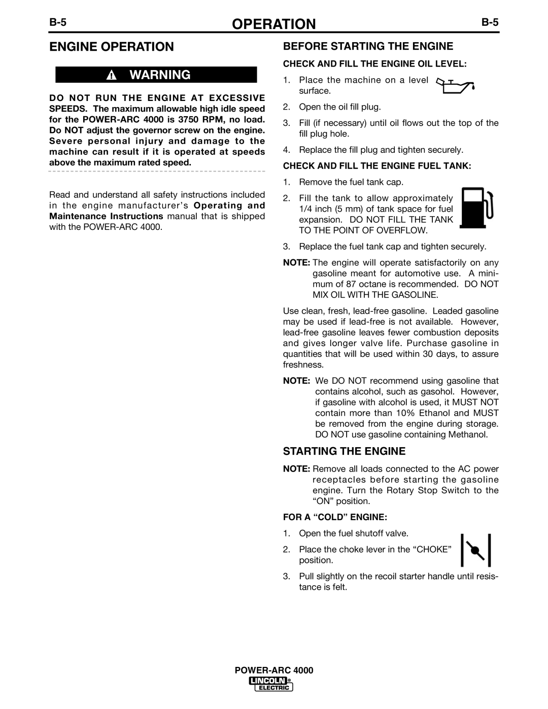 Lincoln POWER-ARC 4000 manual Engine Operation, Before Starting the Engine 