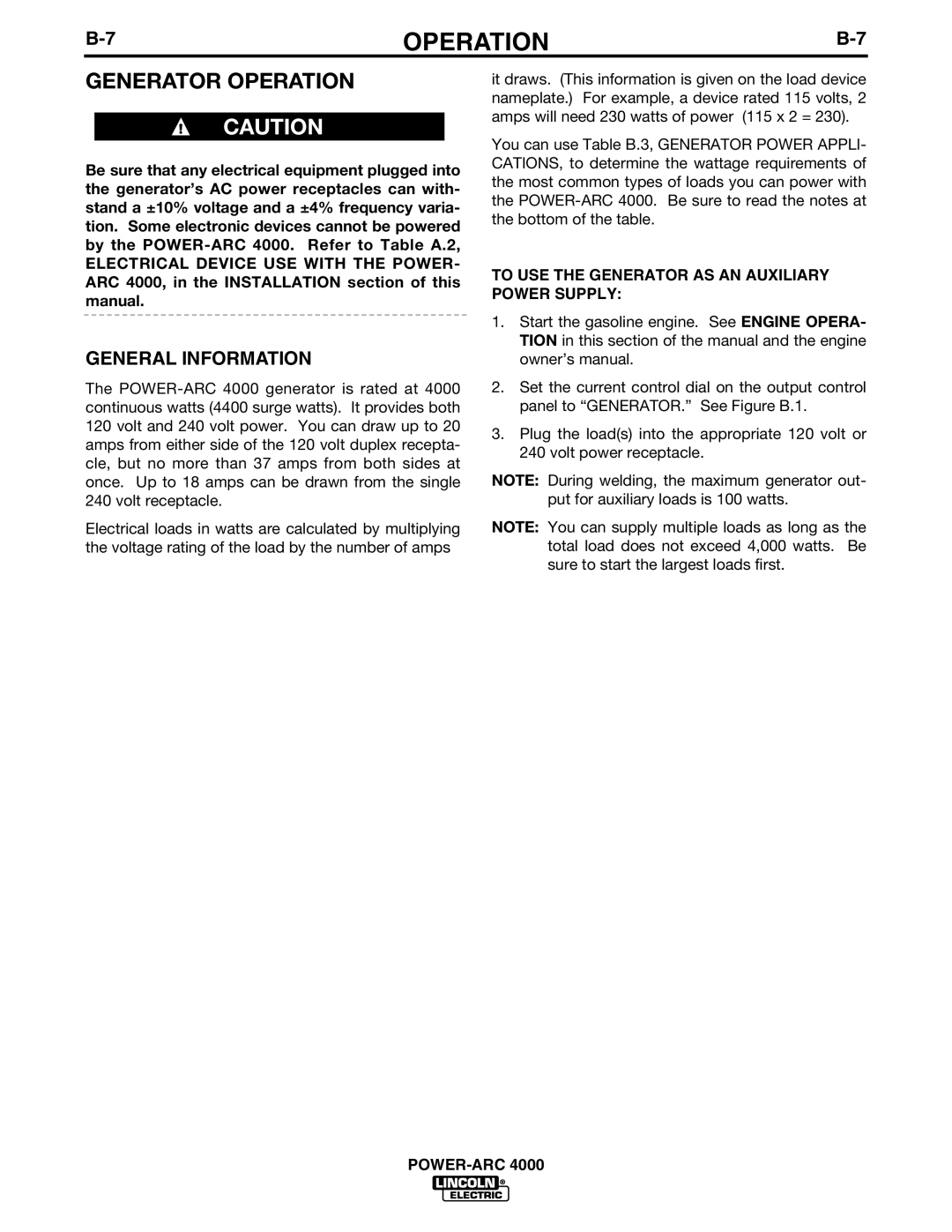 Lincoln POWER-ARC 4000 manual Generator Operation, General Information 