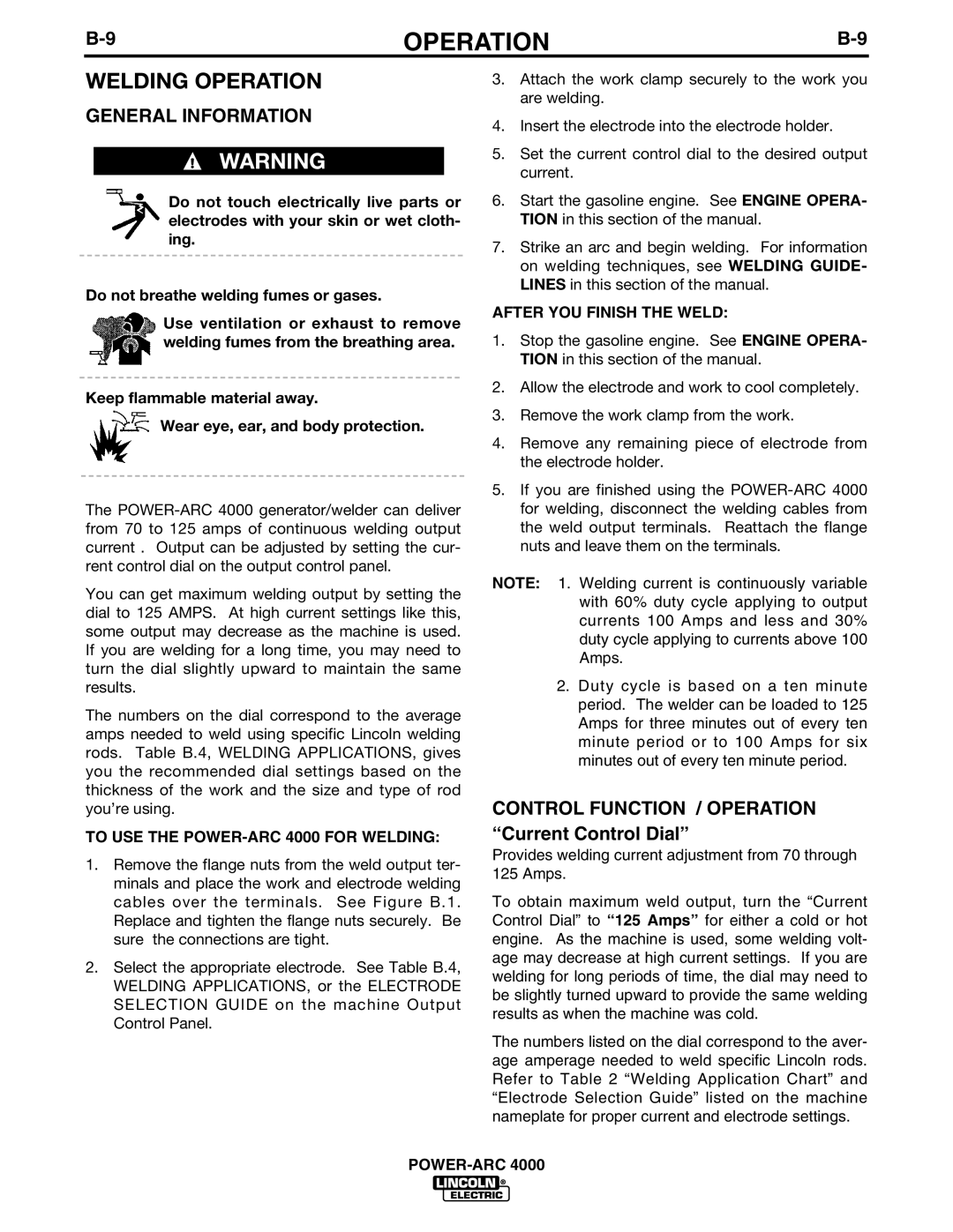 Lincoln POWER-ARC 4000 manual Welding Operation, Control Function / Operation Current Control Dial 