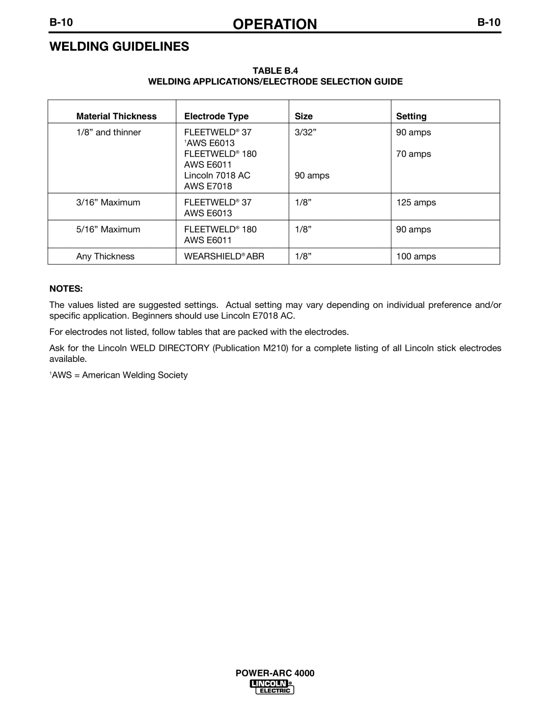 Lincoln POWER-ARC 4000 manual Welding Guidelines, Material Thickness Electrode Type Size Setting 