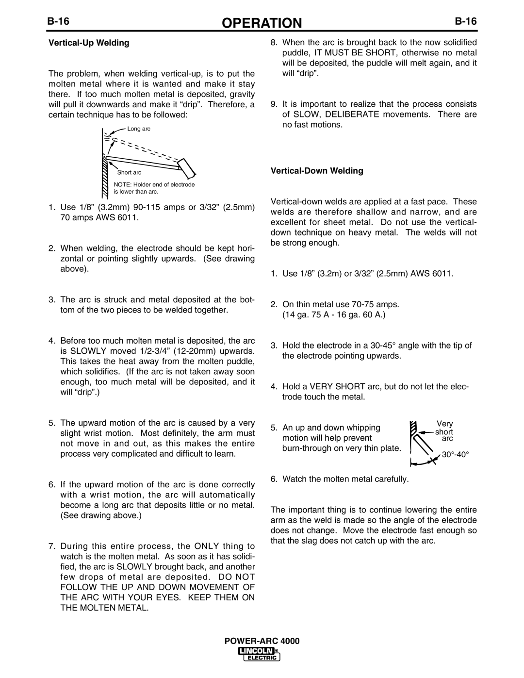 Lincoln POWER-ARC 4000 manual Vertical-Up Welding, Vertical-Down Welding 