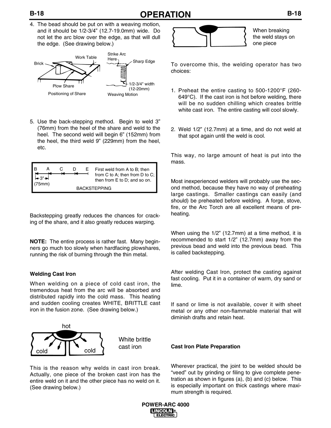 Lincoln POWER-ARC 4000 manual Welding Cast Iron, Cast Iron Plate Preparation 