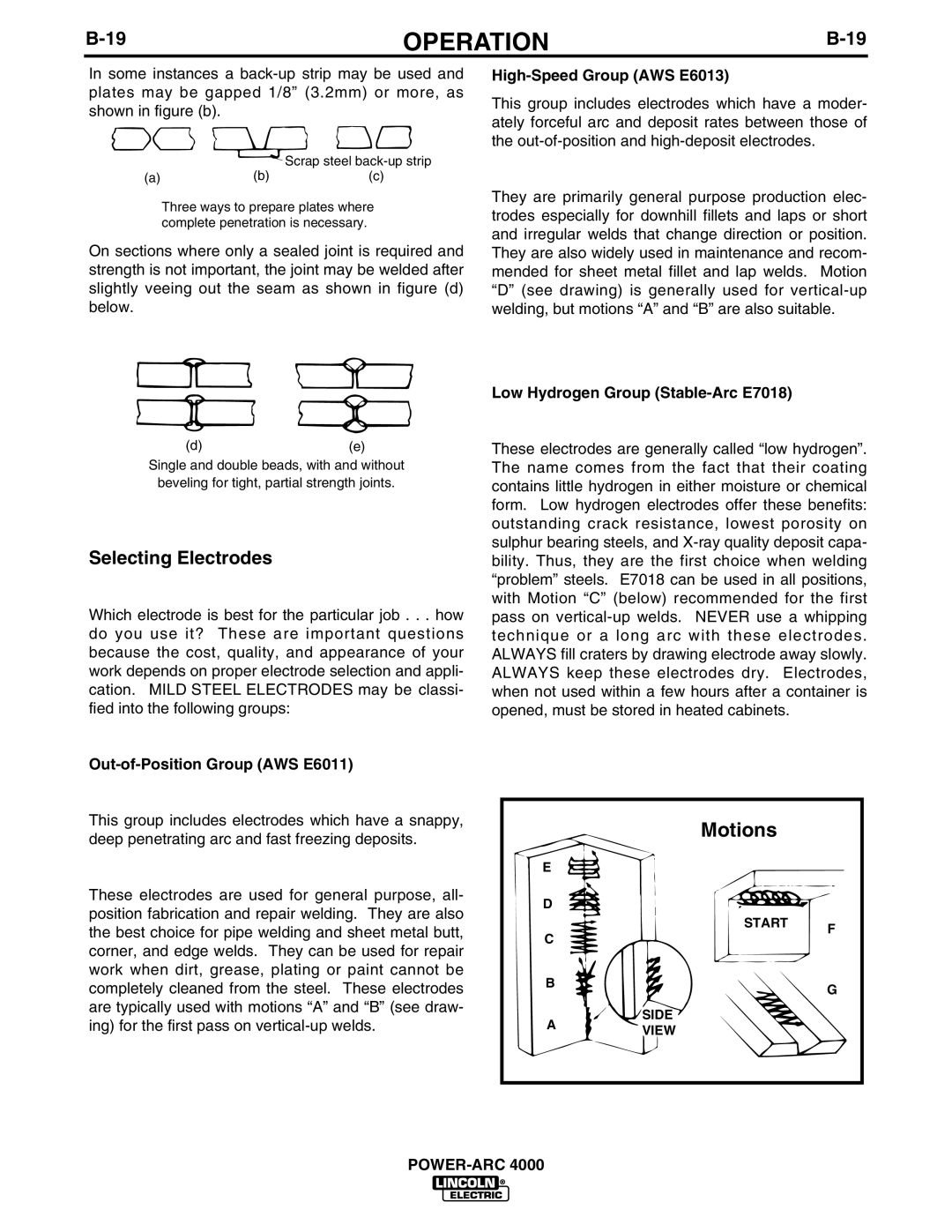 Lincoln POWER-ARC 4000 manual Selecting Electrodes, Out-of-Position Group AWS E6011, High-Speed Group AWS E6013 