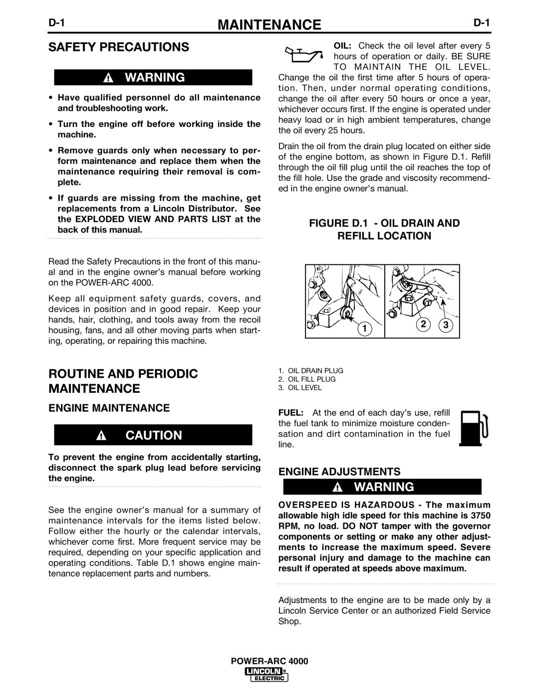 Lincoln POWER-ARC 4000 manual Routine and Periodic Maintenance, Engine Maintenance, Engine Adjustments 