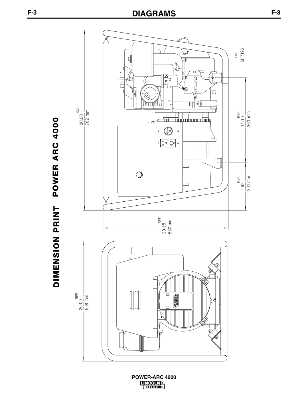 Lincoln POWER-ARC 4000 manual Dimension Print Power ARC 