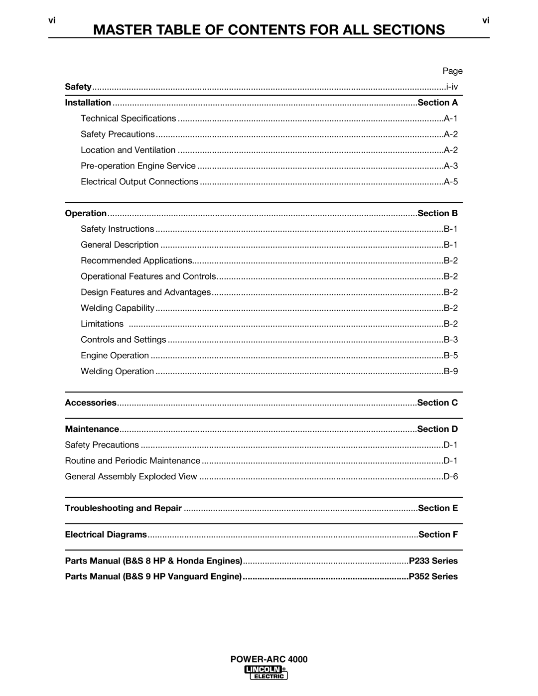 Lincoln POWER-ARC 4000 manual Master Table of Contents for ALL Sections 