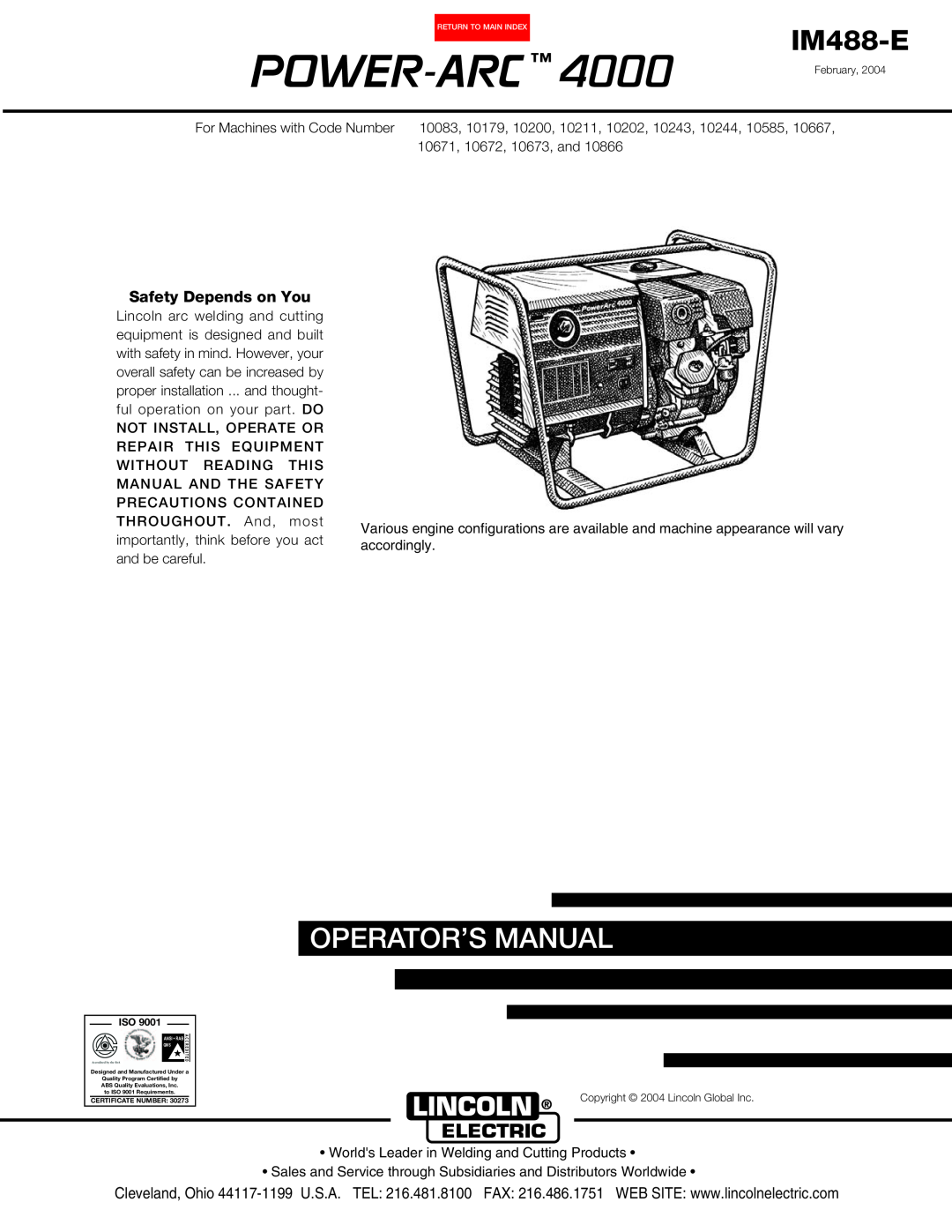 Lincoln POWER-ARC 4000 manual Power-Arc, IM488-E, Operator’S Manual 