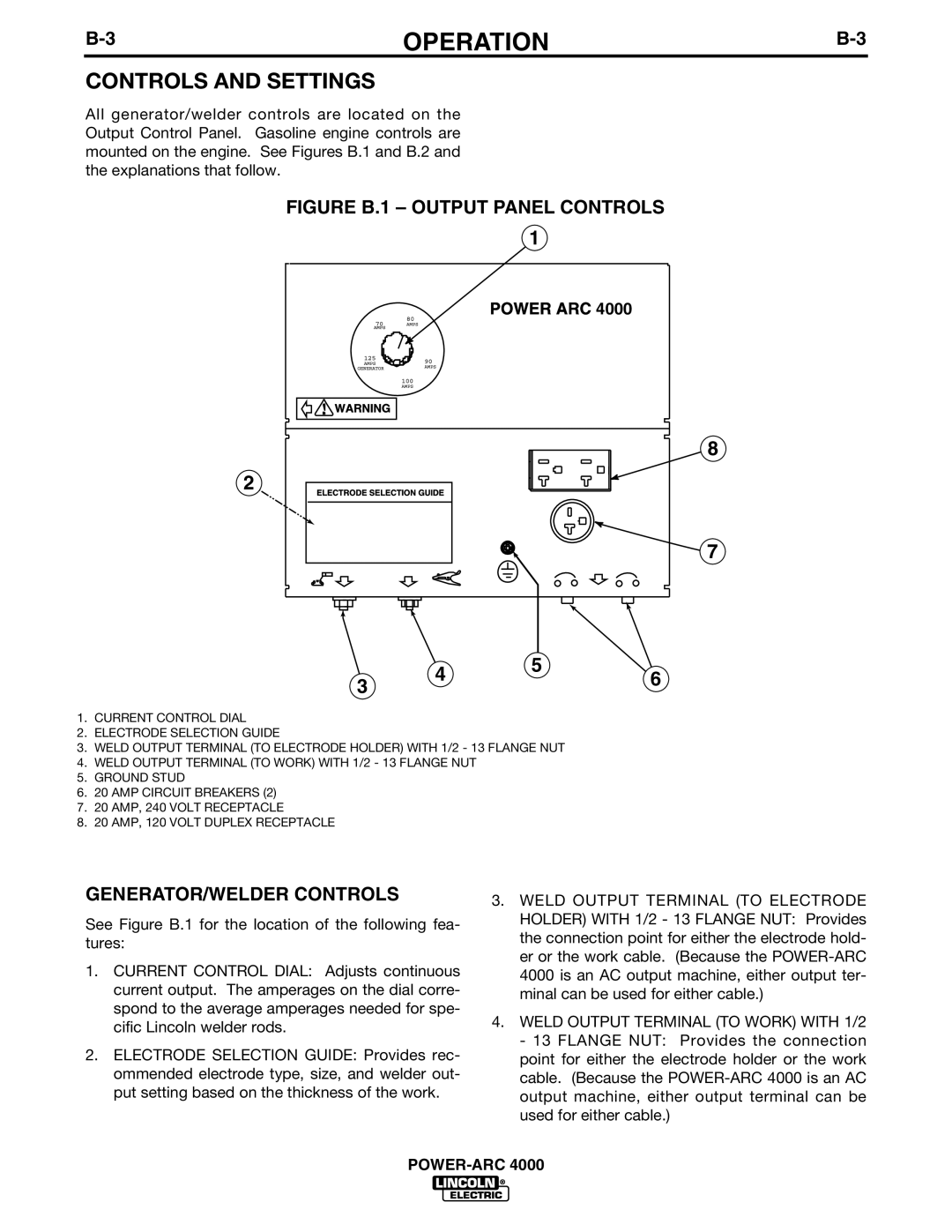 Lincoln POWER-ARC 4000 Controls And Settings, FIGURE B.1 - OUTPUT PANEL CONTROLS, Generator/Welder Controls, Operation 
