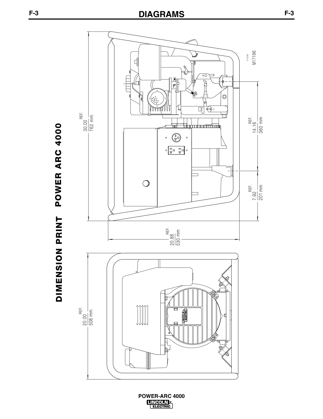Lincoln POWER-ARC 4000 manual Diagrams, Dimension Print Power Arc, Power-Arc 