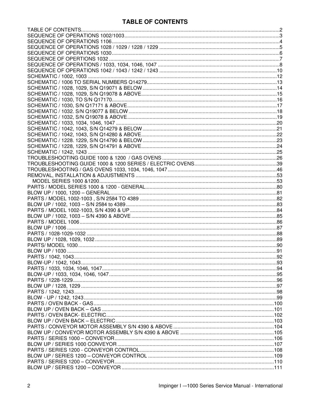 Lincoln Series 1000, Series 1200 service manual Table of Contents 