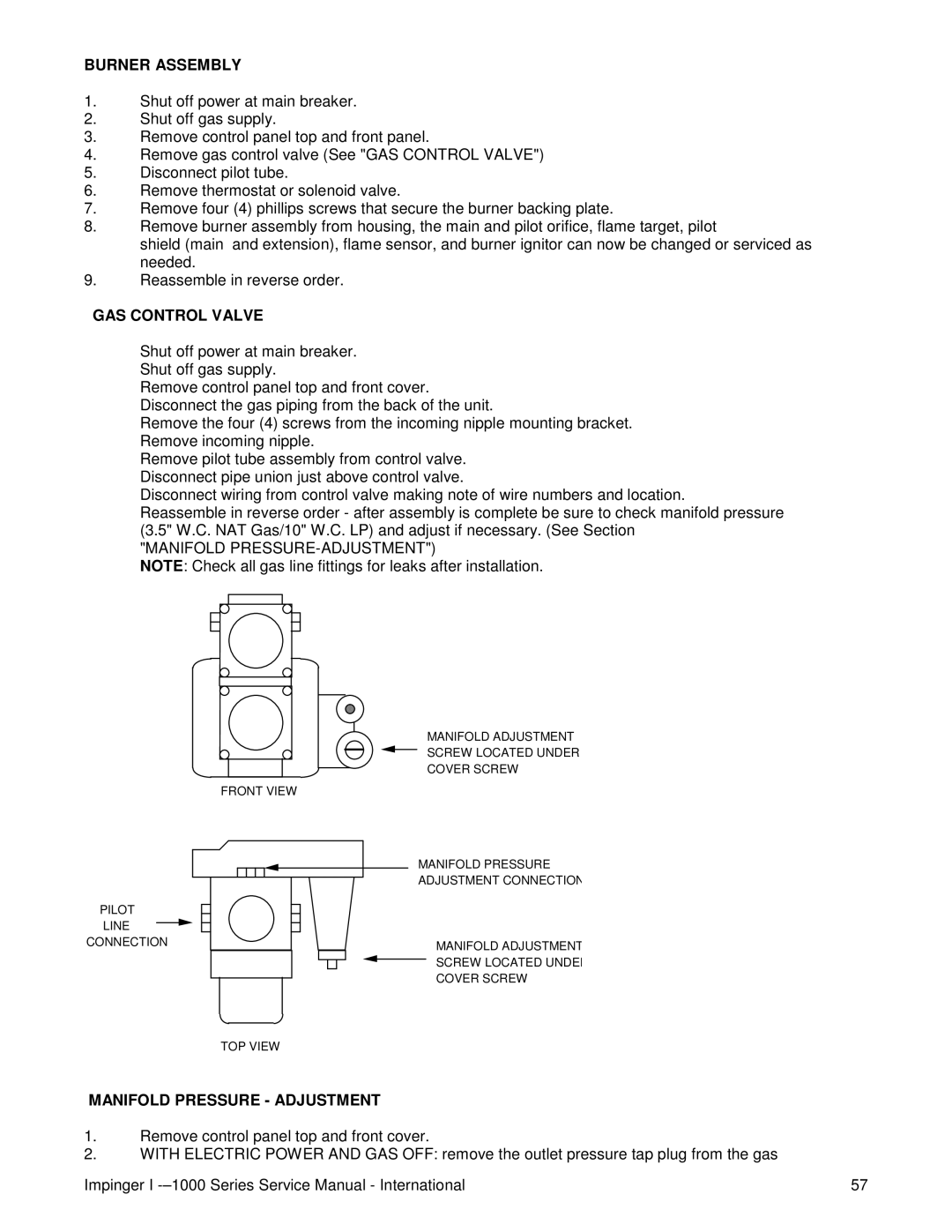 Lincoln Series 1200 Burner Assembly, GAS Control Valve, Manifold PRESSURE-ADJUSTMENT, Manifold Pressure Adjustment 