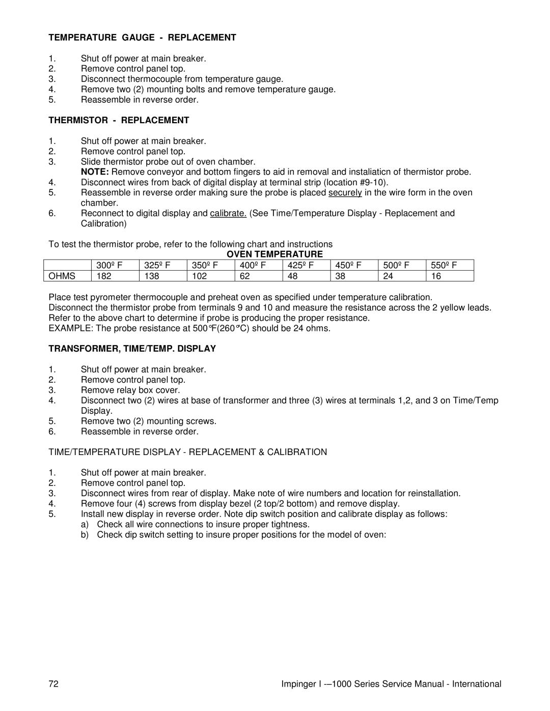 Lincoln Series 1000, Series 1200 service manual Temperature Gauge Replacement, Thermistor Replacement, Oven Temperature 