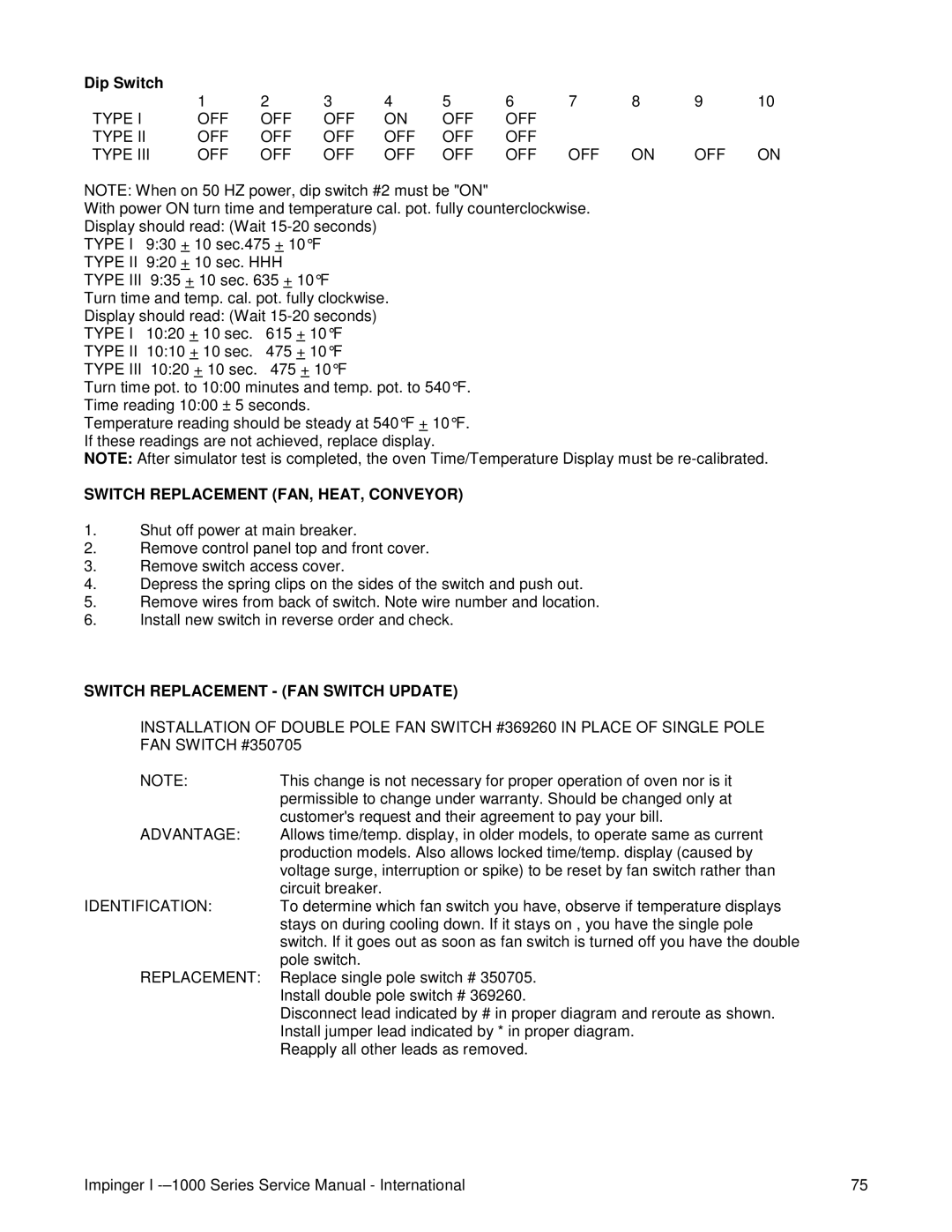 Lincoln Series 1200, Series 1000 Dip Switch, Switch Replacement FAN, HEAT, Conveyor, Switch Replacement FAN Switch Update 