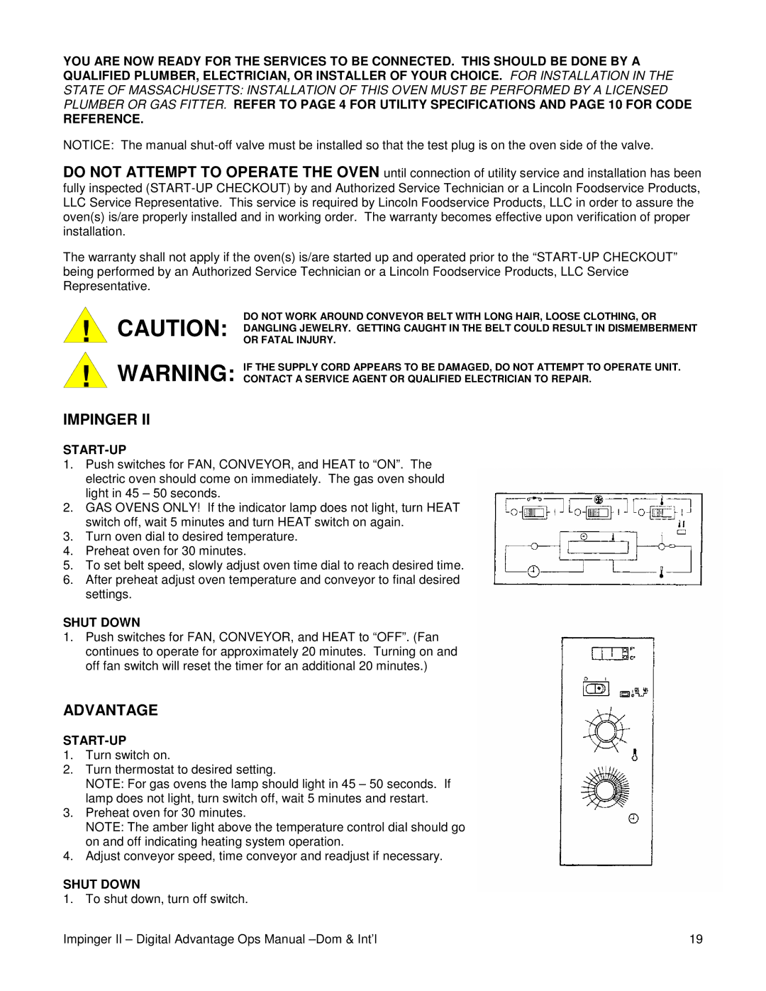 Lincoln Series 1100 manual Impinger, Advantage, Start-Up, Shut Down 