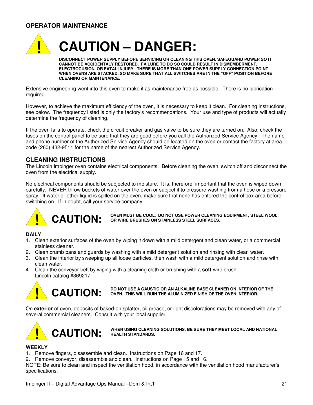 Lincoln Series 1100 manual Operator Maintenance, Cleaning Instructions, Daily, Weekly 