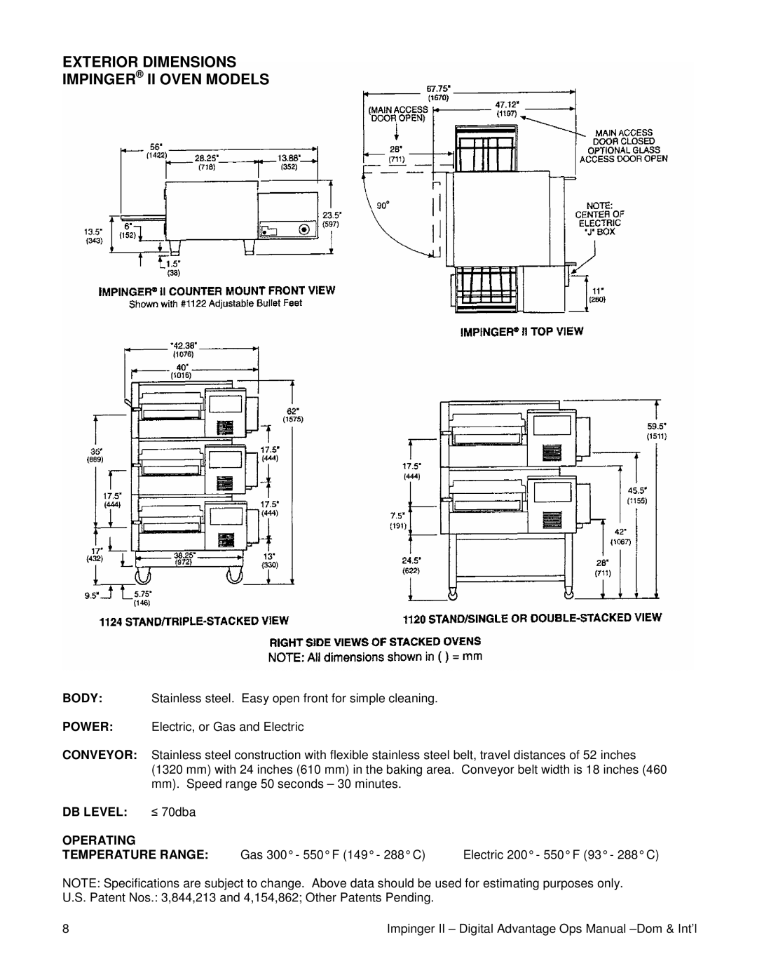 Lincoln Series 1100 manual Exterior Dimensions Impinger II Oven Models 