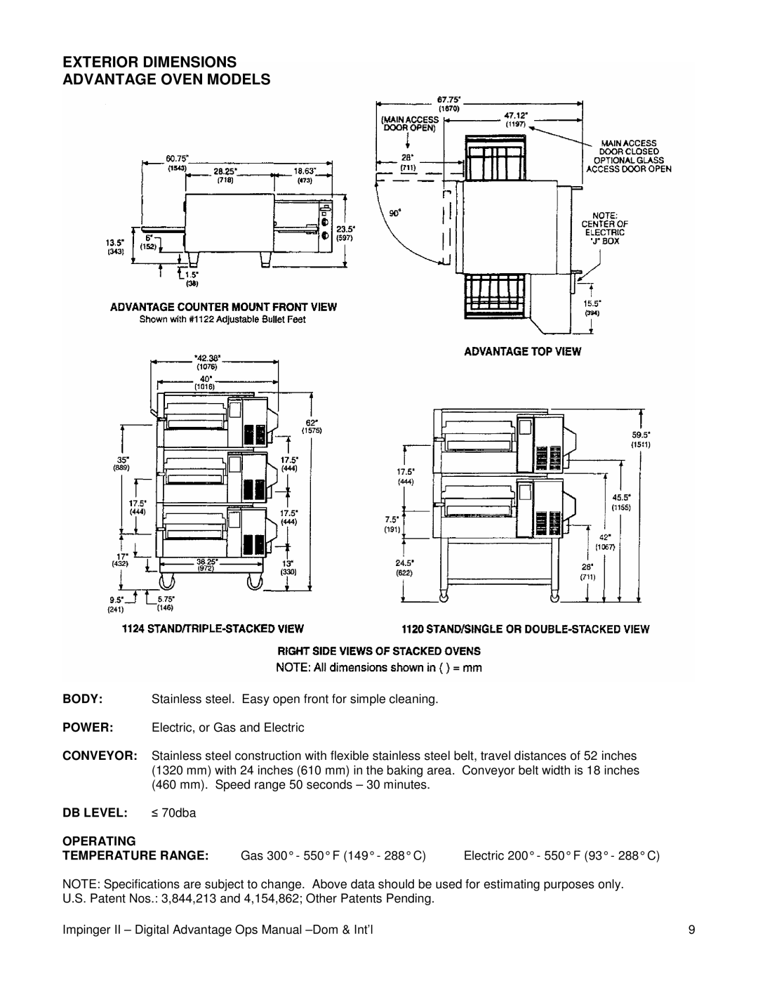 Lincoln Series 1100 manual Exterior Dimensions Advantage Oven Models 