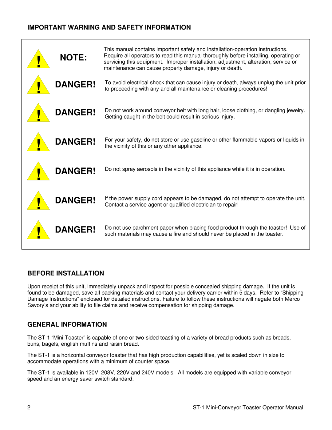 Lincoln ST-1 specifications Important Warning and Safety Information, Before Installation, General Information 