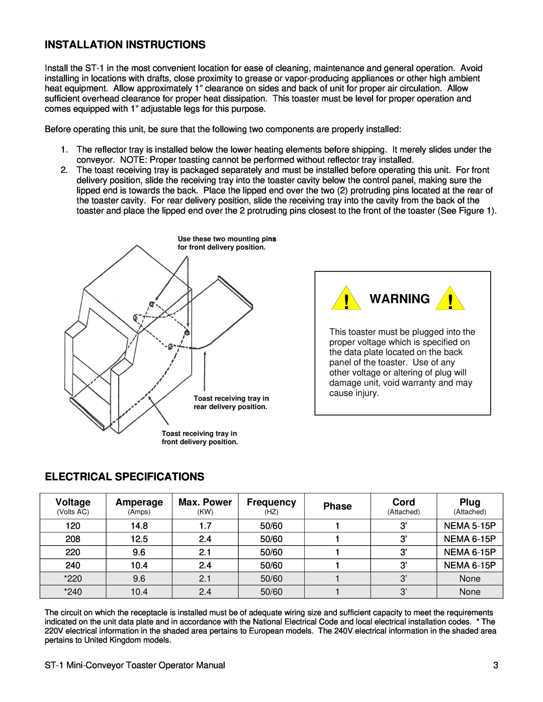 Lincoln ST-1 Installation Instructions, Electrical Specifications, Voltage, Amperage, Max. Power, Frequency, Phase, Cord 