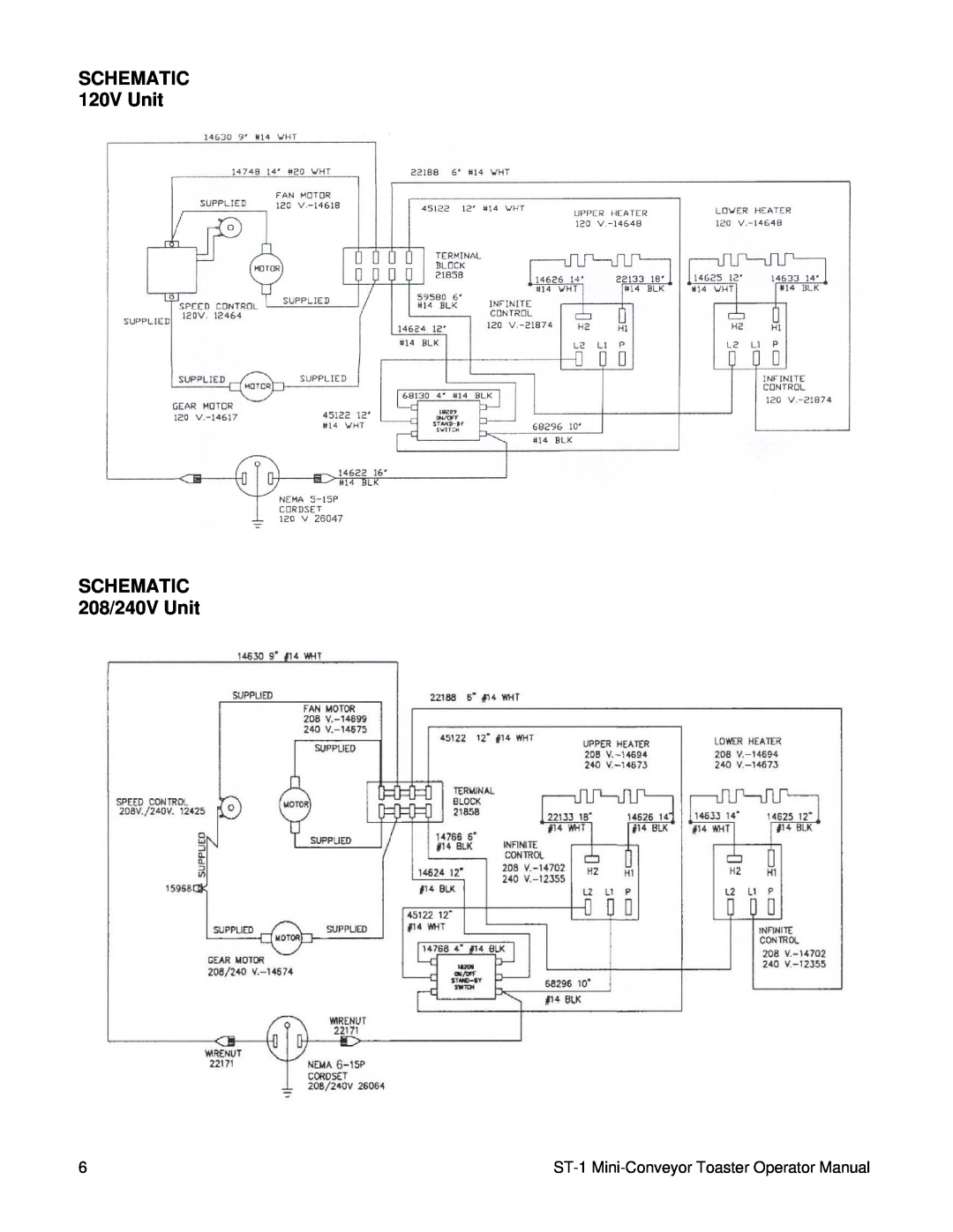 Lincoln specifications SCHEMATIC 120V Unit SCHEMATIC 208/240V Unit, ST-1 Mini-ConveyorToaster Operator Manual 
