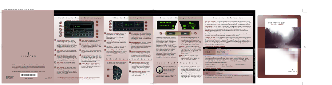 Lincoln TOWN CAR specifications Temperature Selection To control, Volume/Power Control Press, Roadside Assistance Centers 