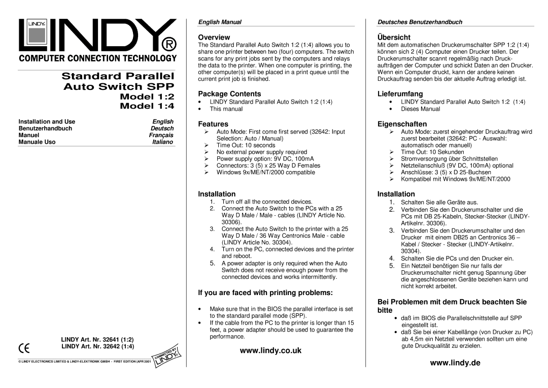 Lindy 1:02 manual Overview, Package Contents, Features, Installation, If you are faced with printing problems, Übersicht 