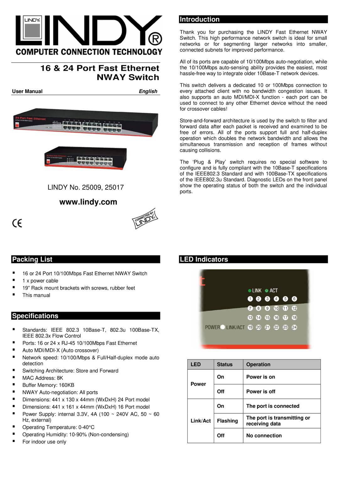 Lindy 16 & 24 user manual Packing List, Specifications Introduction, LED Indicators, Status 