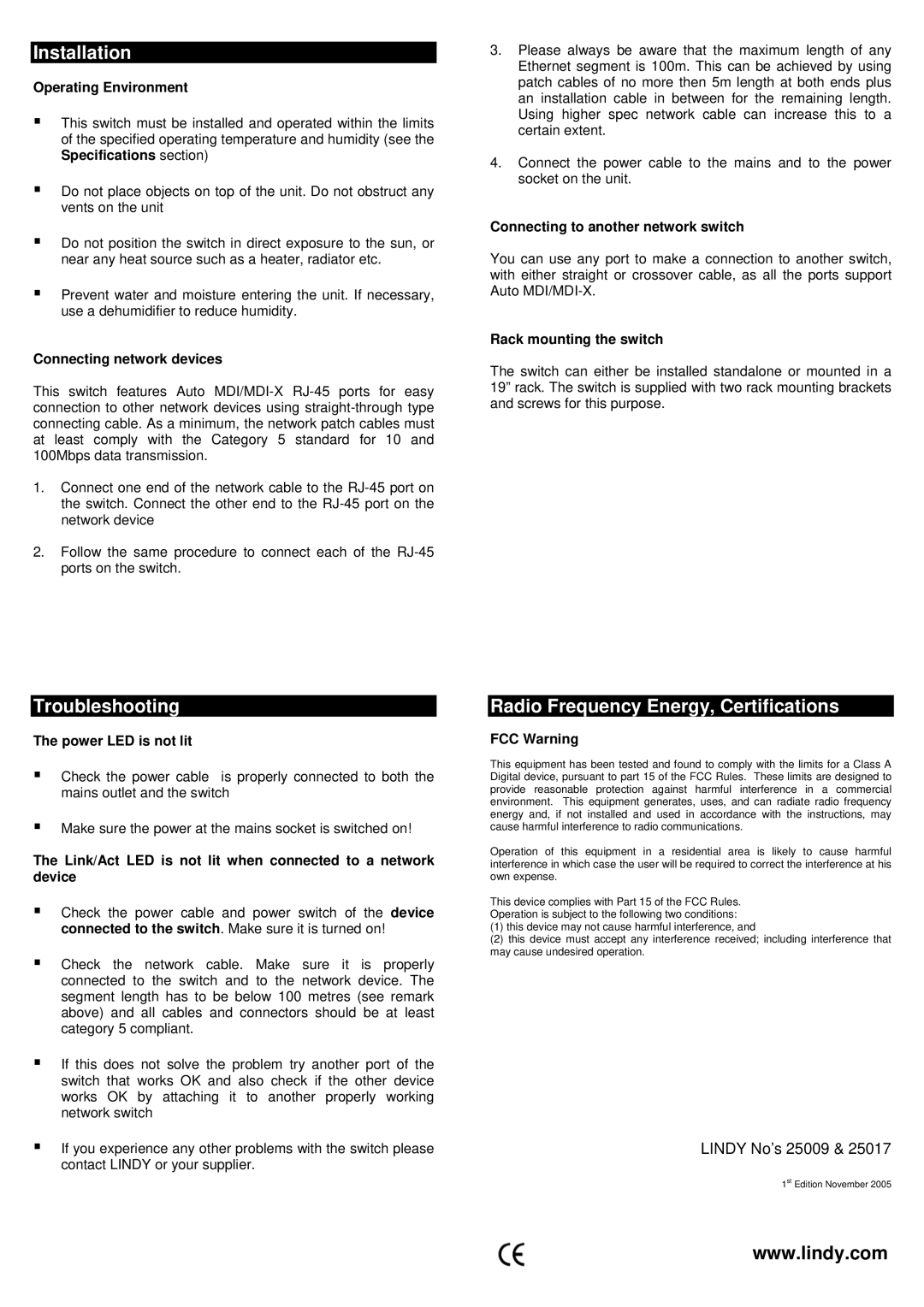 Lindy 16 & 24 user manual Installation, Troubleshooting, Radio Frequency Energy, Certifications 