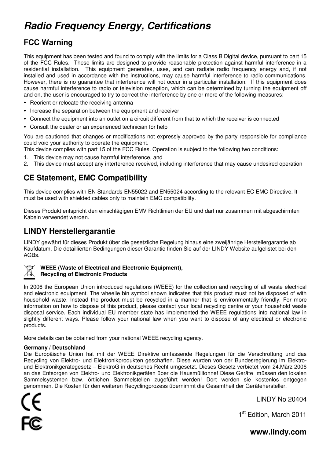 Lindy 20404 user manual Radio Frequency En ergy, Certifications, FCC Warning 