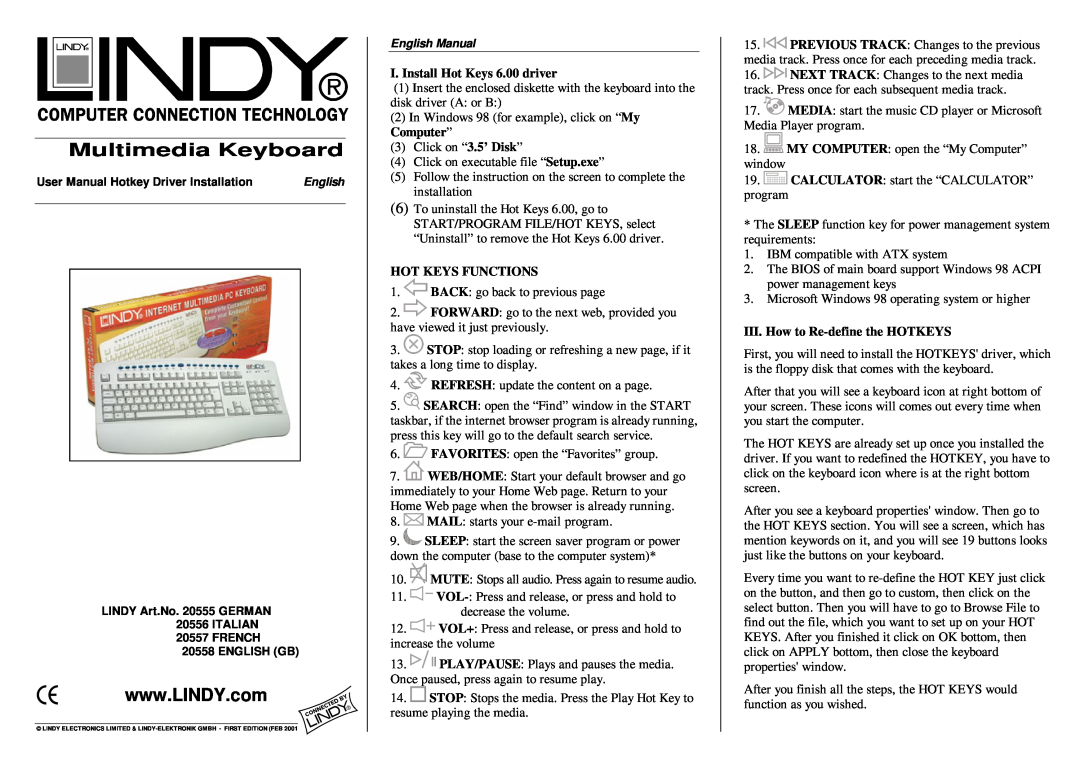 Lindy 20558, 20557, 20556, 20555 user manual Multimedia Keyboard, I. Install Hot Keys 6.00 driver, Hot Keys Functions 