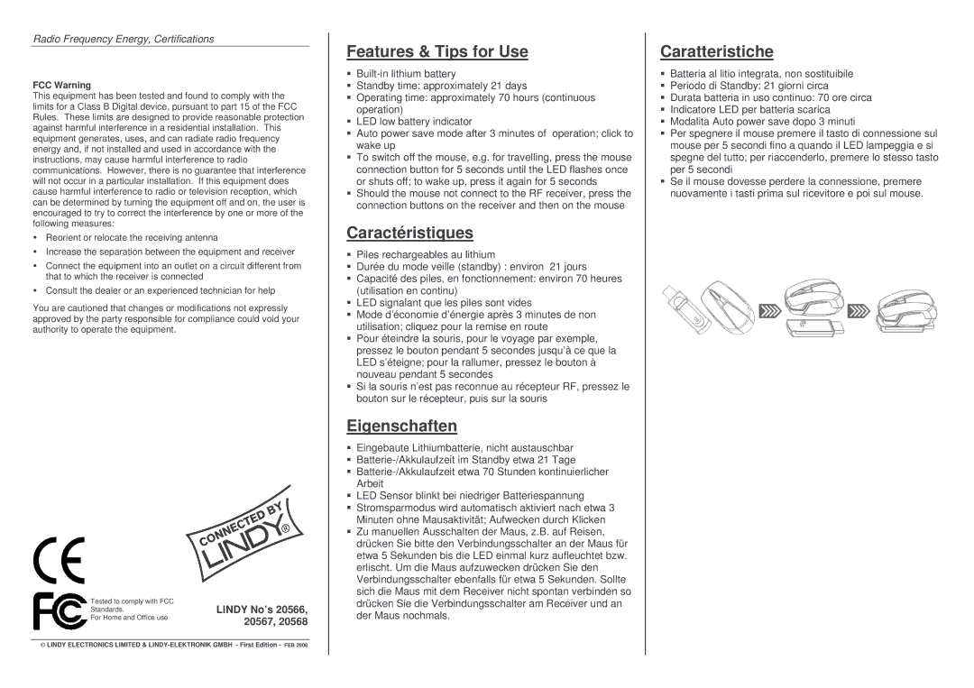 Lindy 20566 user manual Features & Tips for Use, Caractéristiques, Eigenschaften, Caratteristiche 