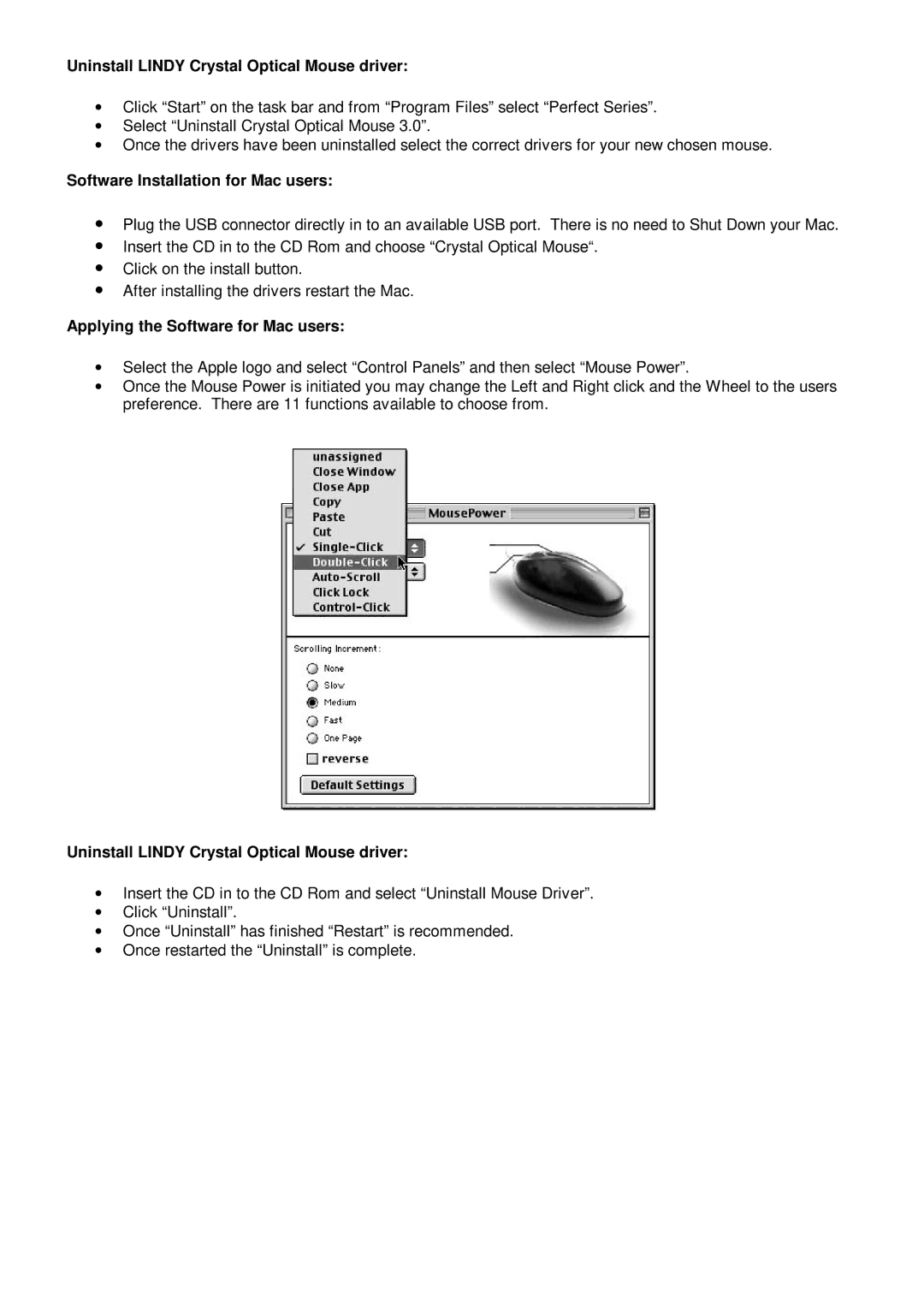 Lindy 20599 manual Uninstall Lindy Crystal Optical Mouse driver, Software Installation for Mac users 