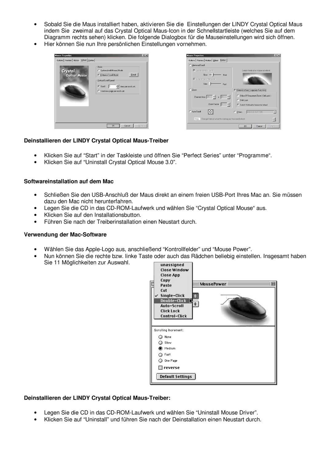 Lindy 20599 manual Deinstallieren der Lindy Crystal Optical Maus-Treiber, Softwareinstallation auf dem Mac 