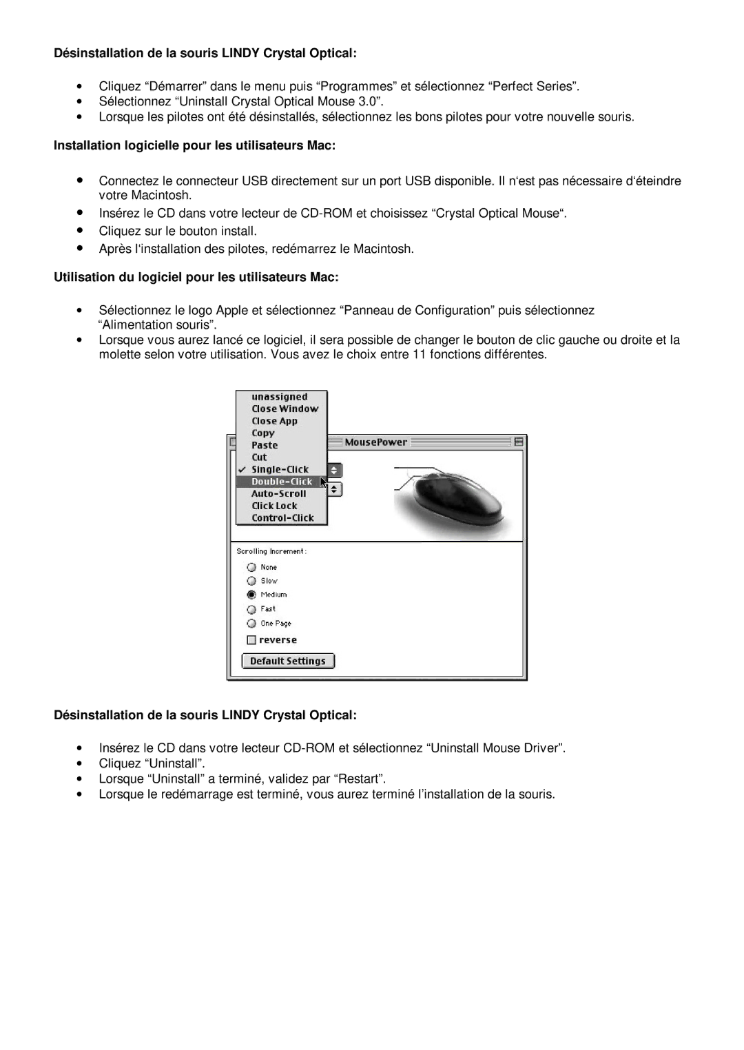 Lindy 20599 manual Dé sinstallation de la souris Lindy Crystal Optical, Installation logicielle pour les utilisateurs Mac 