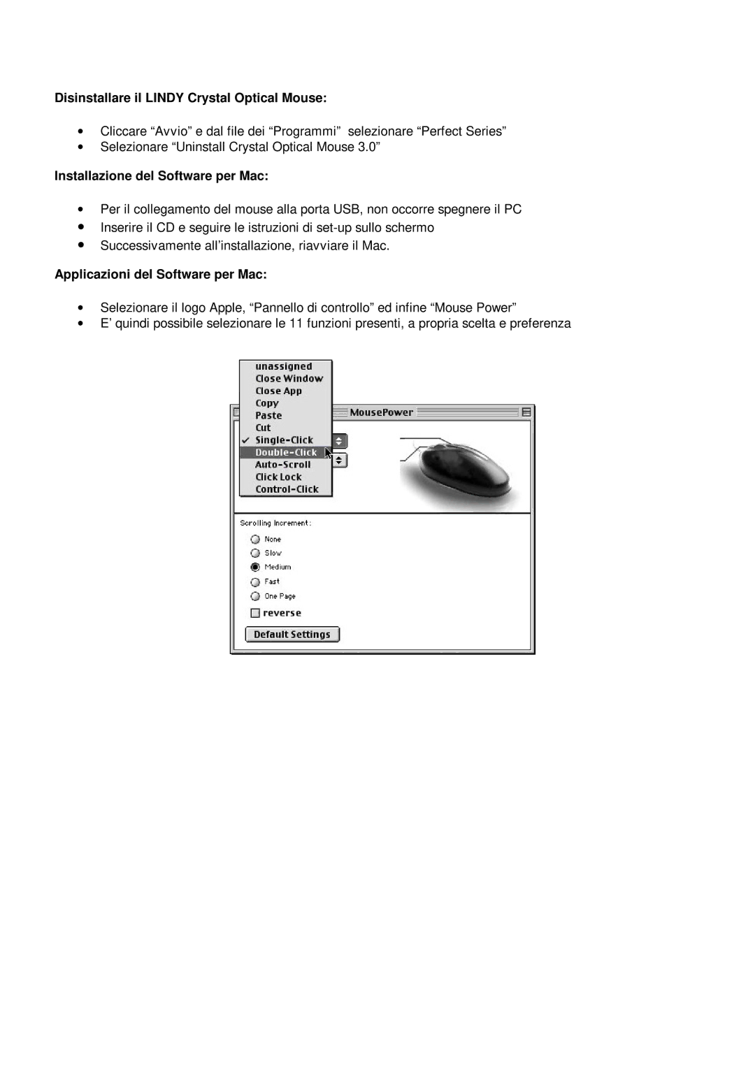 Lindy 20599 manual Disinstallare il Lindy Crystal Optical Mouse, Installazione del Software per Mac 
