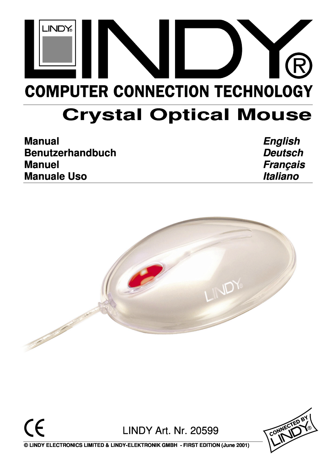 Lindy 20599 manual English, Deutsch, Français, Italiano, Crystal Optical Mouse, Manual, Benutzerhandbuch, Manuel 