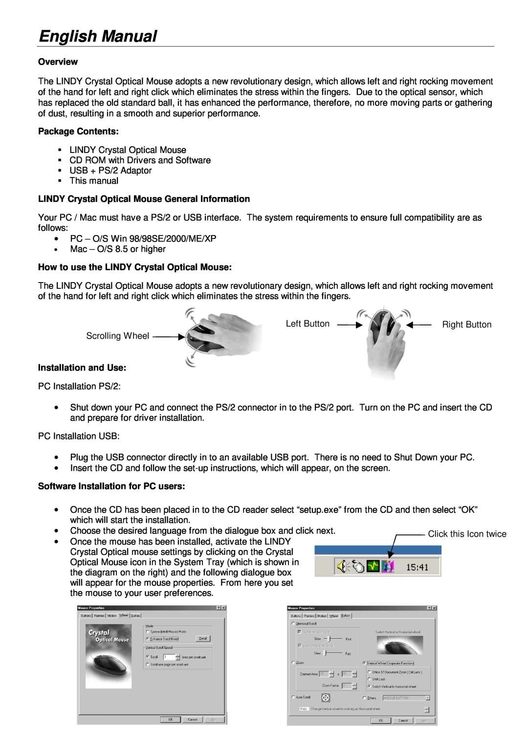 Lindy 20599 manual English Manual, Overview, Package Contents, LINDY Crystal Optical Mouse General Information 