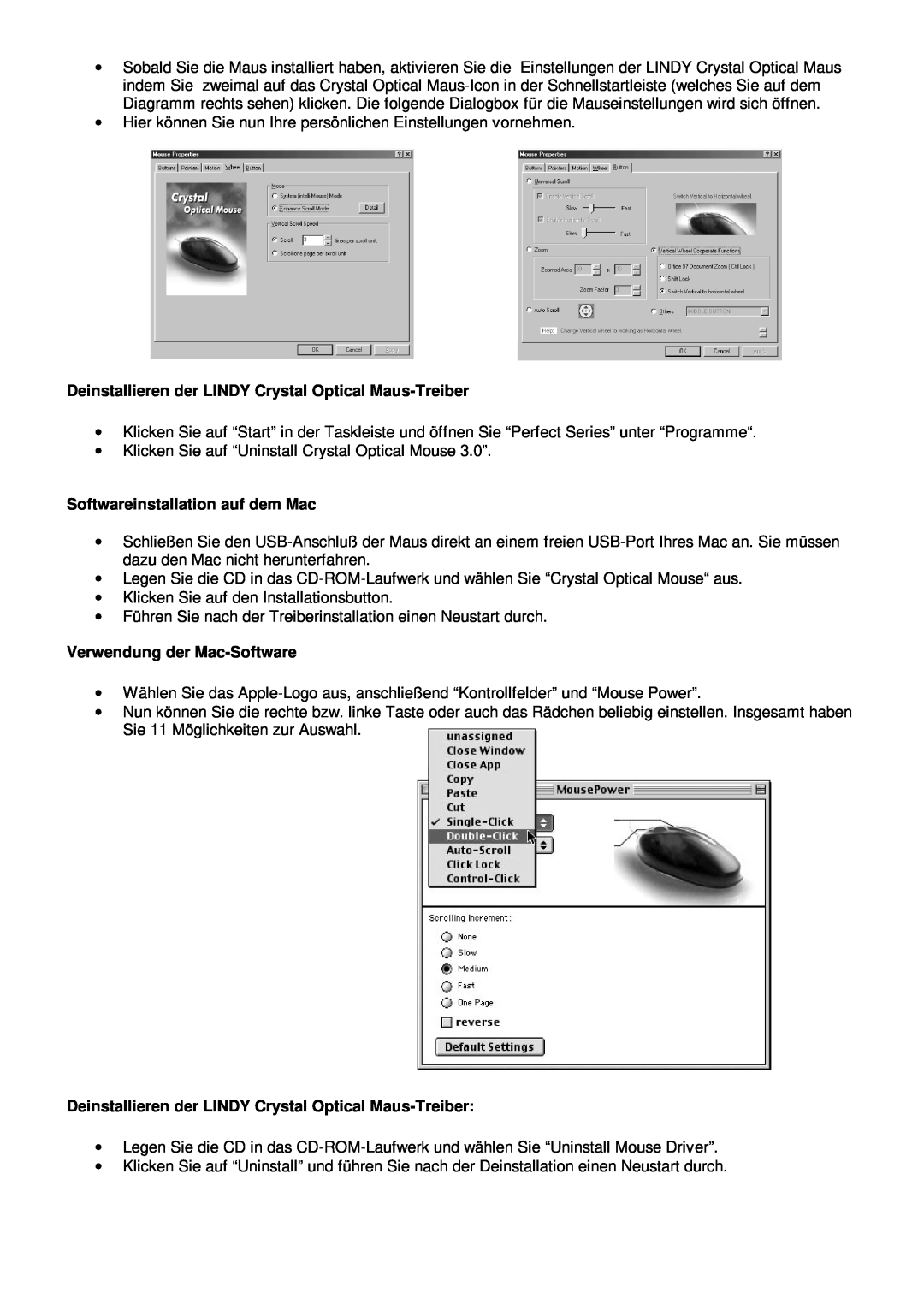 Lindy 20599 manual Deinstallieren der LINDY Crystal Optical Maus-Treiber, Softwareinstallation auf dem Mac 