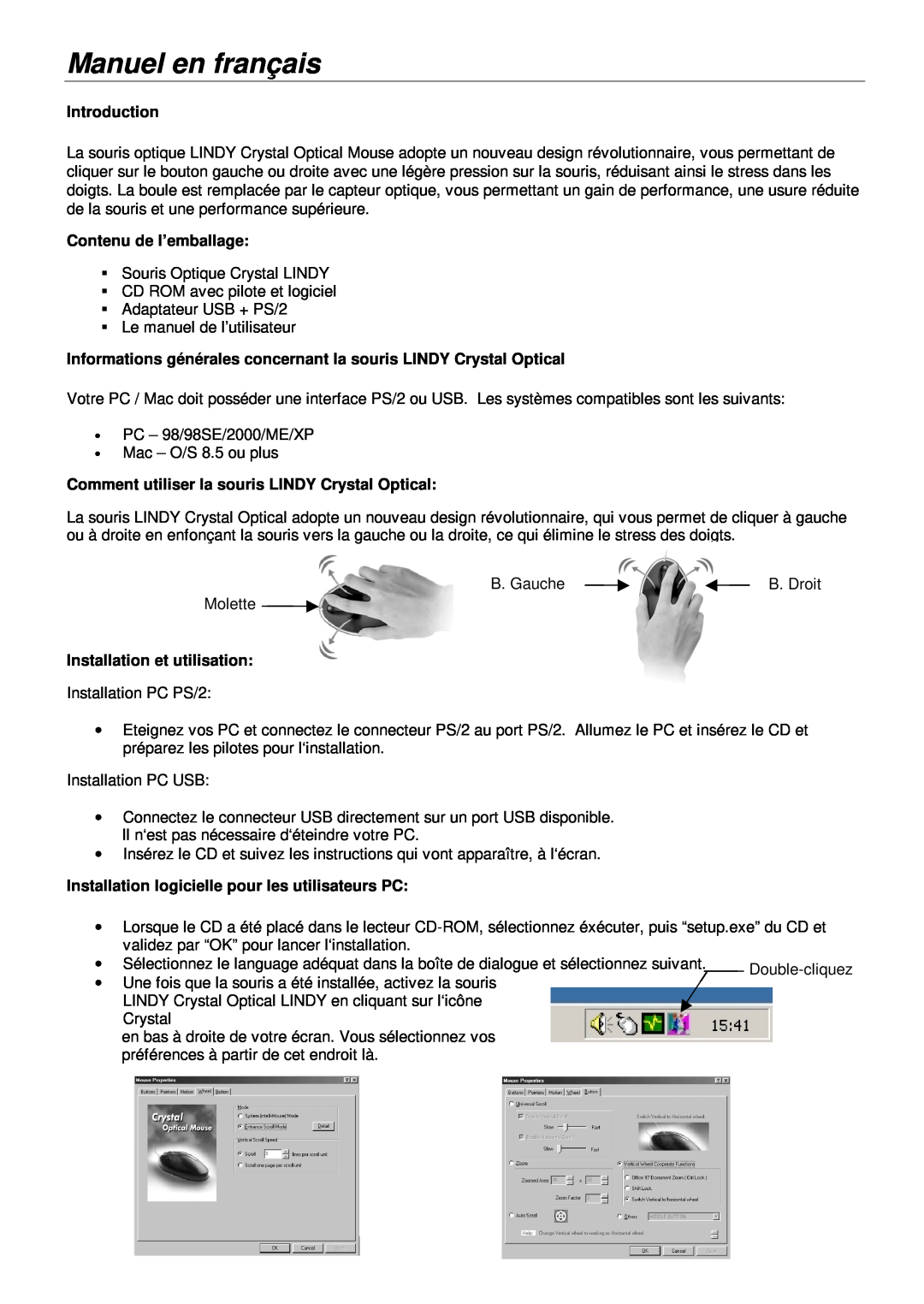 Lindy 20599 Manuel en franç ais, Introduction, Contenu de l’emballage, Comment utiliser la souris LINDY Crystal Optical 