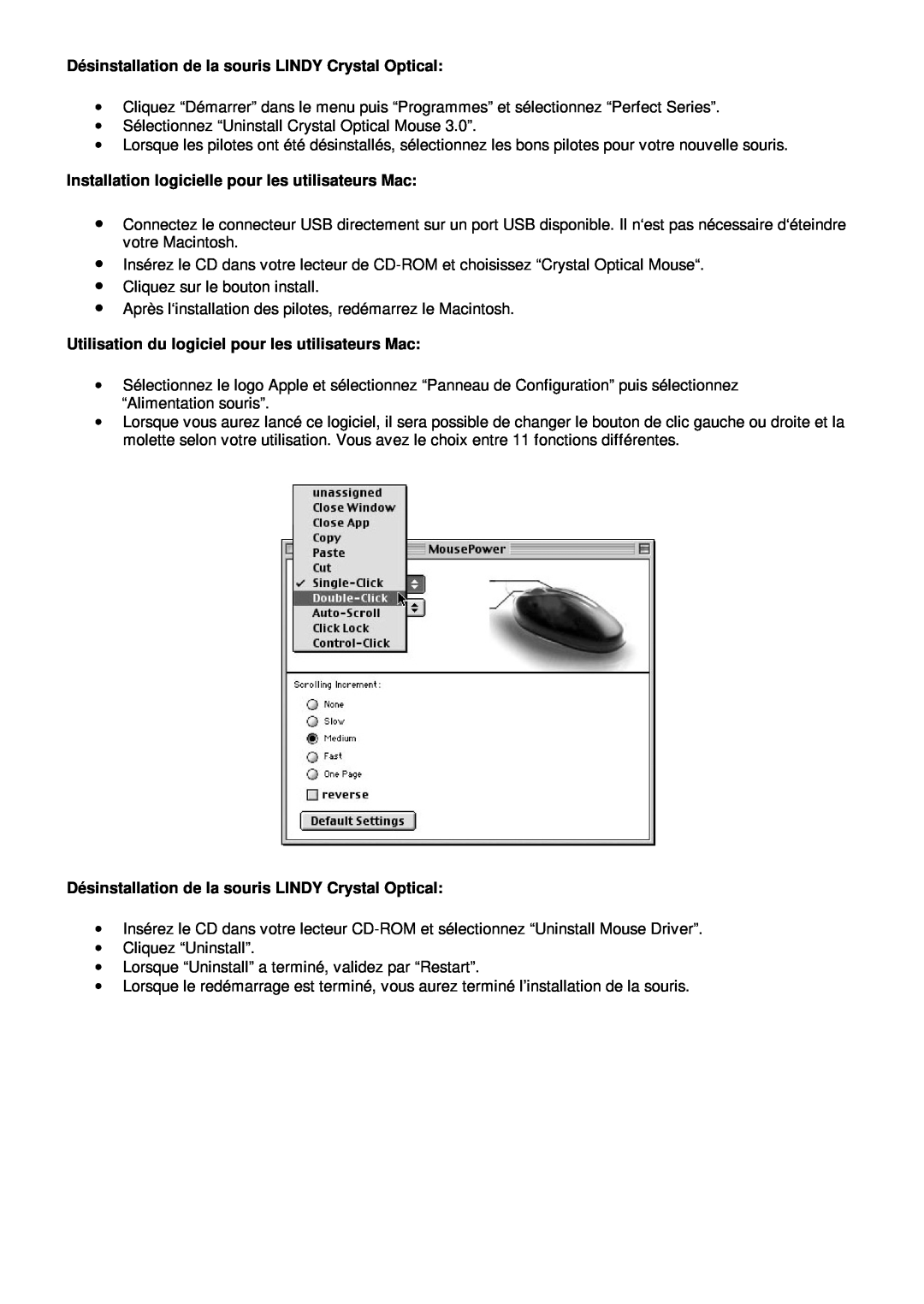 Lindy 20599 manual Dé sinstallation de la souris LINDY Crystal Optical, Installation logicielle pour les utilisateurs Mac 