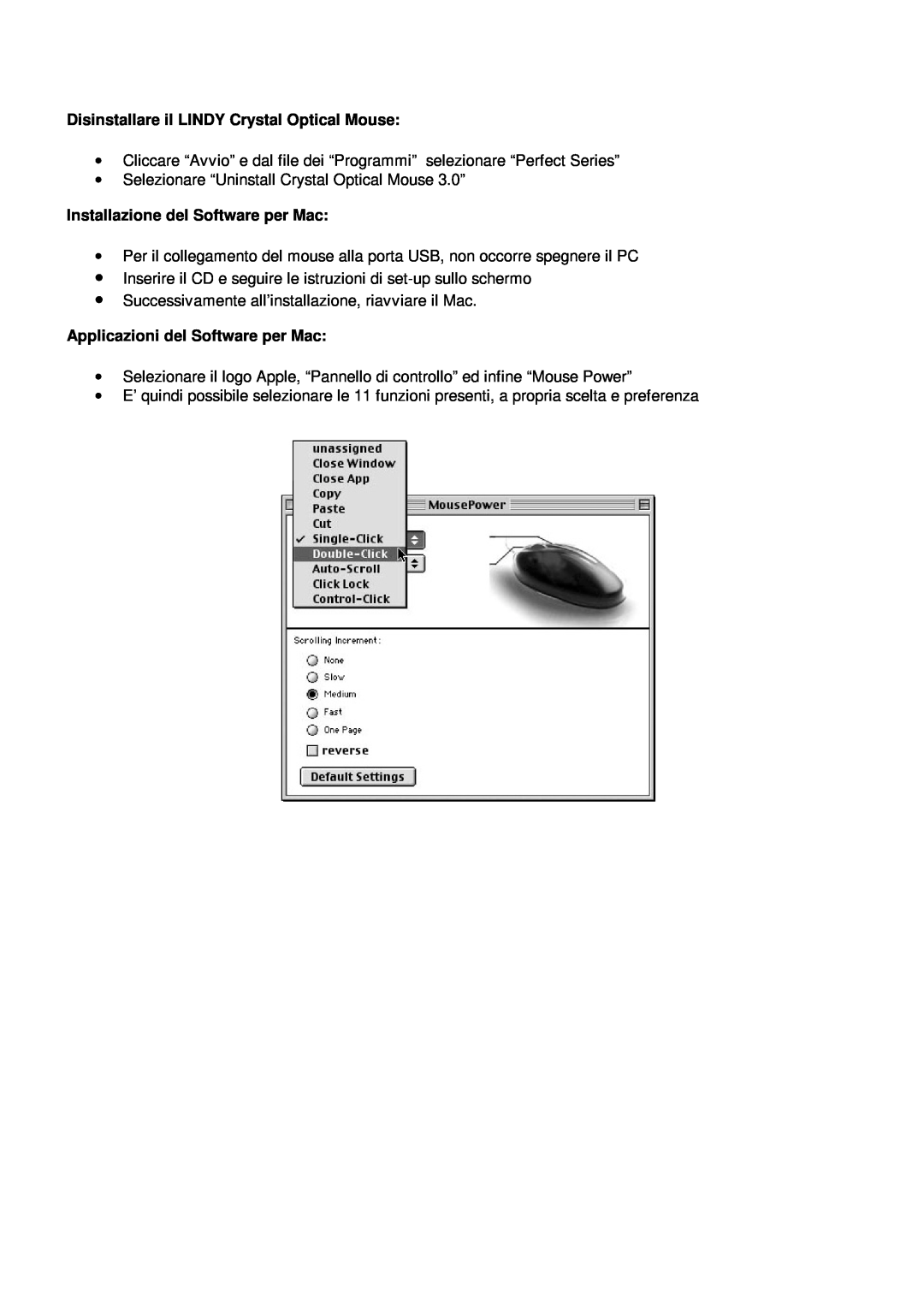 Lindy 20599 manual Disinstallare il LINDY Crystal Optical Mouse, Installazione del Software per Mac 